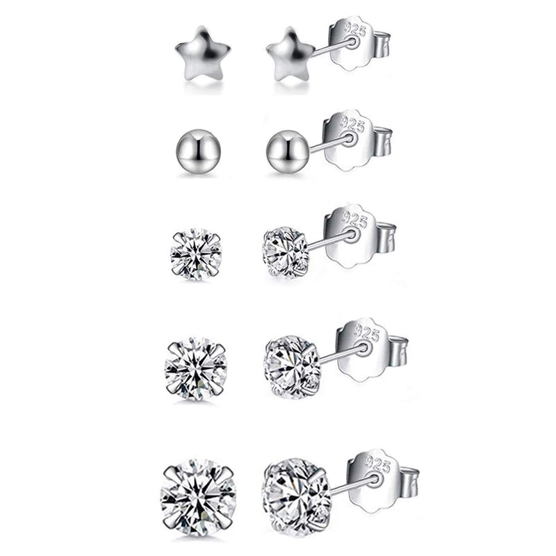[Australia] - HAISWET Small 3mm Ball&3mm Star 925 Sterling Silver 3,4,5mm CZ Stud Earrings Set 