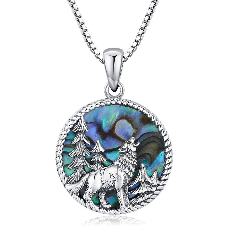 [Australia] - Wolf Necklace, 925 Sterling Silver Teen Wolf Pendant Wolf Gifts Viking Abalone Shell Jewellery for Men Wolves Necklace for Women Boyfriend Children Brother Shell Style 