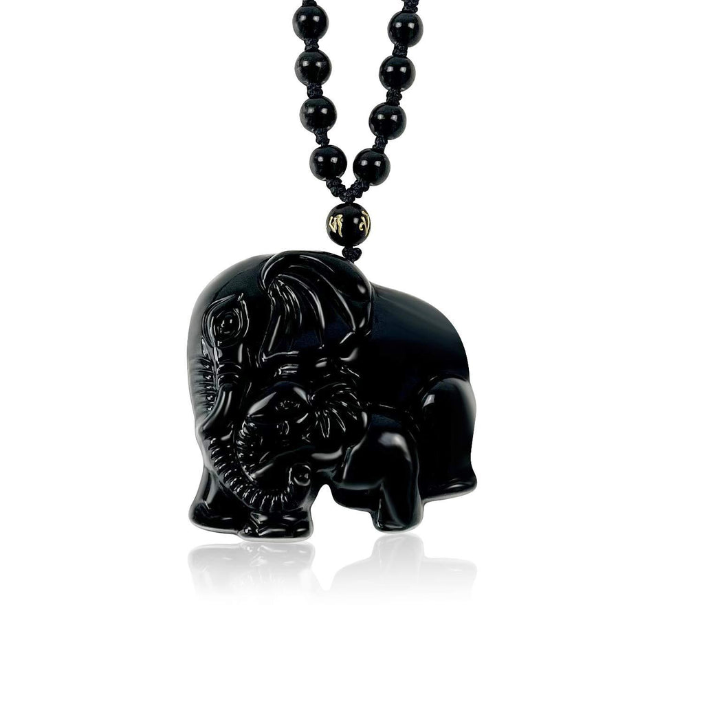 [Australia] - Spring.Rd Mothers Day Gifts Black Obsidian Crystal Stone Pendant Necklace Handcarved Mother Baby Elephant Amulet Necklace Gifts for Mom Women 