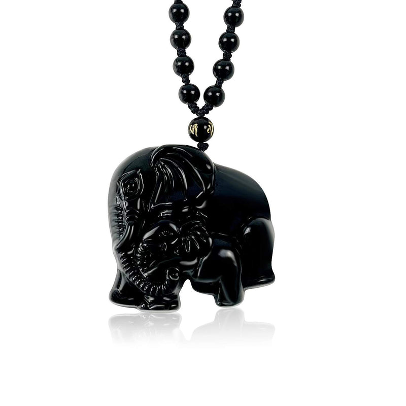 [Australia] - Spring.Rd Mothers Day Gifts Black Obsidian Crystal Stone Pendant Necklace Handcarved Mother Baby Elephant Amulet Necklace Gifts for Mom Women 