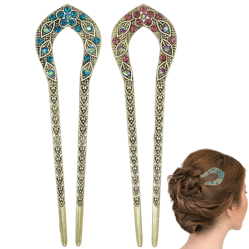 [Australia] - 2 Pcs Vintage Hair Stick, Crystal Rhinestone Double Prong Hair Pin Stick Hairstyle Chignon Hairpin 