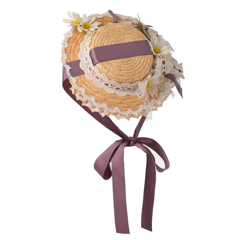 [Australia] - Girls Women Tea Party Sun Hat Lolita Lace Ribbons Straw Hats (Purple) (Light green) Purple 