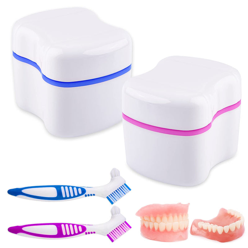 [Australia] - 2 Denture Bath Case and 2 Denture Cleaner Brushes Retainer Denture Box, Tophoniex Dentures Container with Basket Denture Holder for Travel Retainer Cleaning 