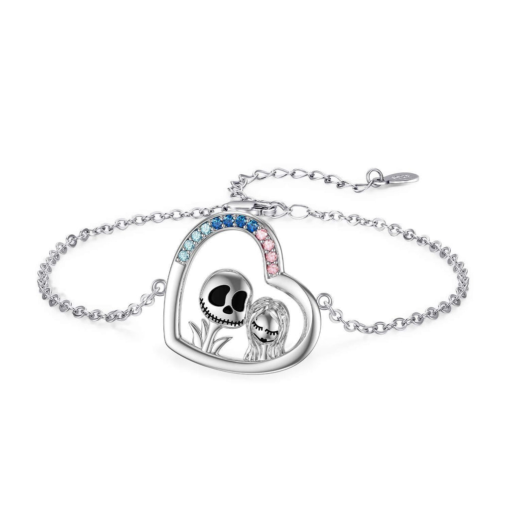 [Australia] - Nightmare Before Christmas Gifts 925 Sterling Silver Bracelet Jack Skellington and Sally Heart Bracelet for Women Girls Halloween 