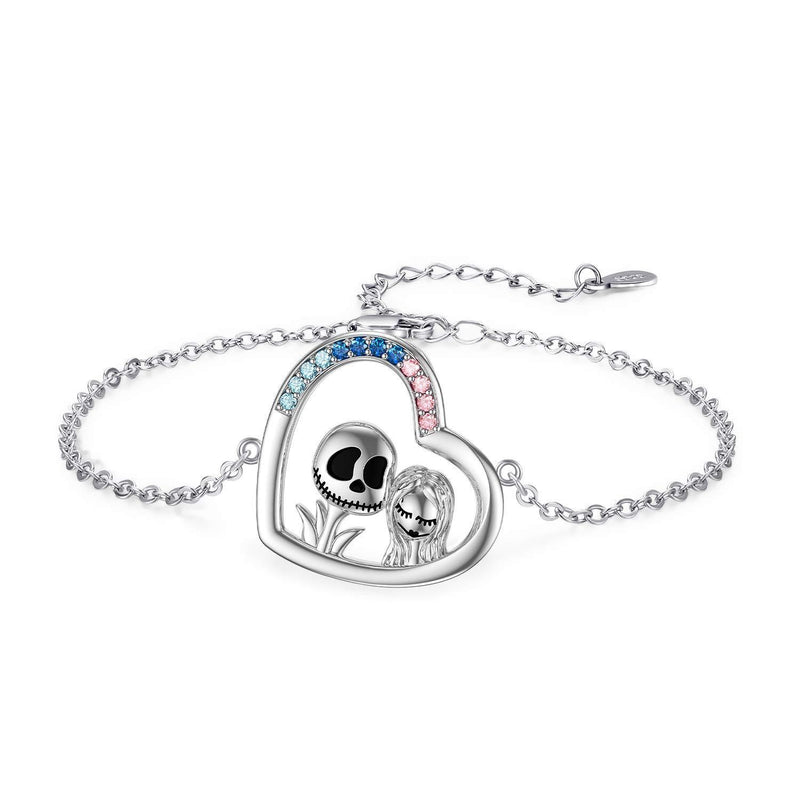 [Australia] - Nightmare Before Christmas Gifts 925 Sterling Silver Bracelet Jack Skellington and Sally Heart Bracelet for Women Girls Halloween 