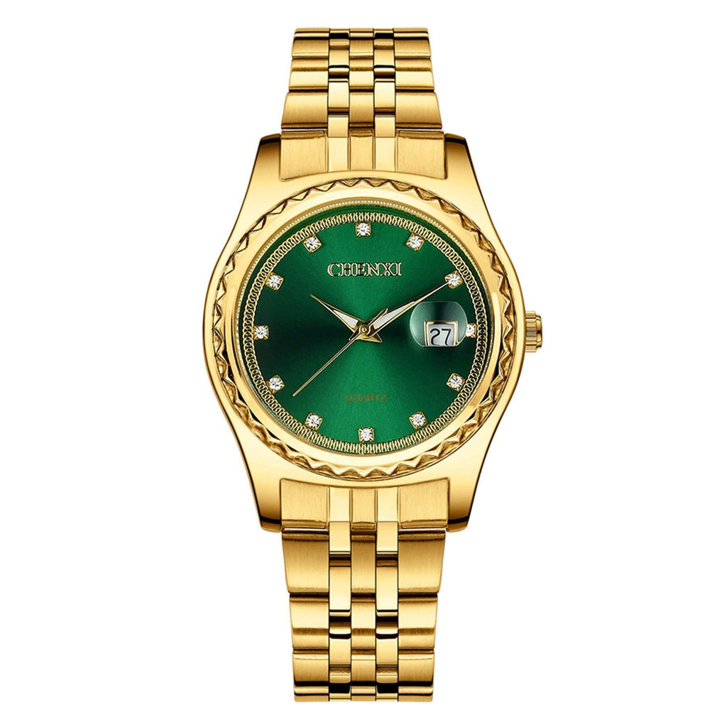 [Australia] - JewelryWe His and Her Matching Couple Watches Gold-Silver Tone Quartz Calendar Watch Green-women 