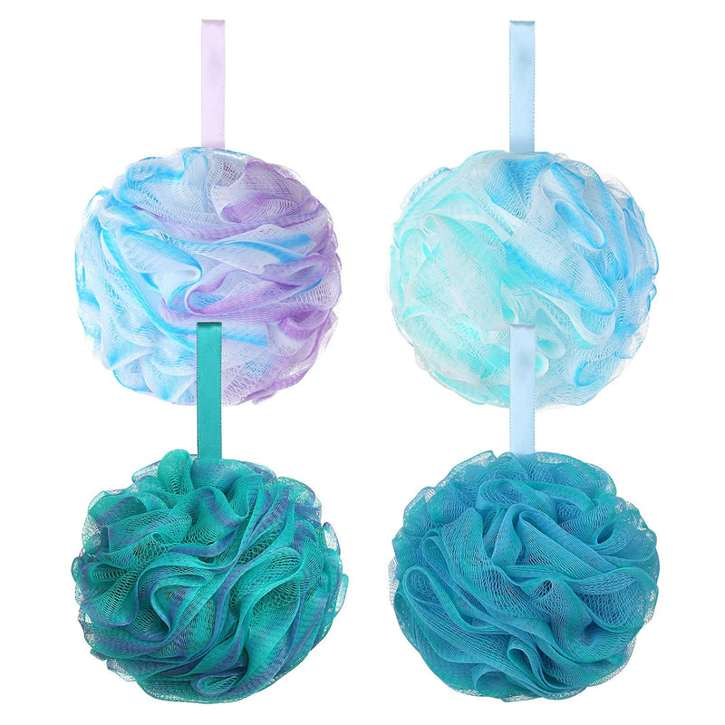 [Australia] - SYHZC Shower Puff Loofah 75g/PCS Extra Large Shower Puffs Shower Sponge Shower Scrunchie Body Puff Shower Exfoliating Bath Sponge for Adults, Set of 4, Flower Color Green-purple--large 
