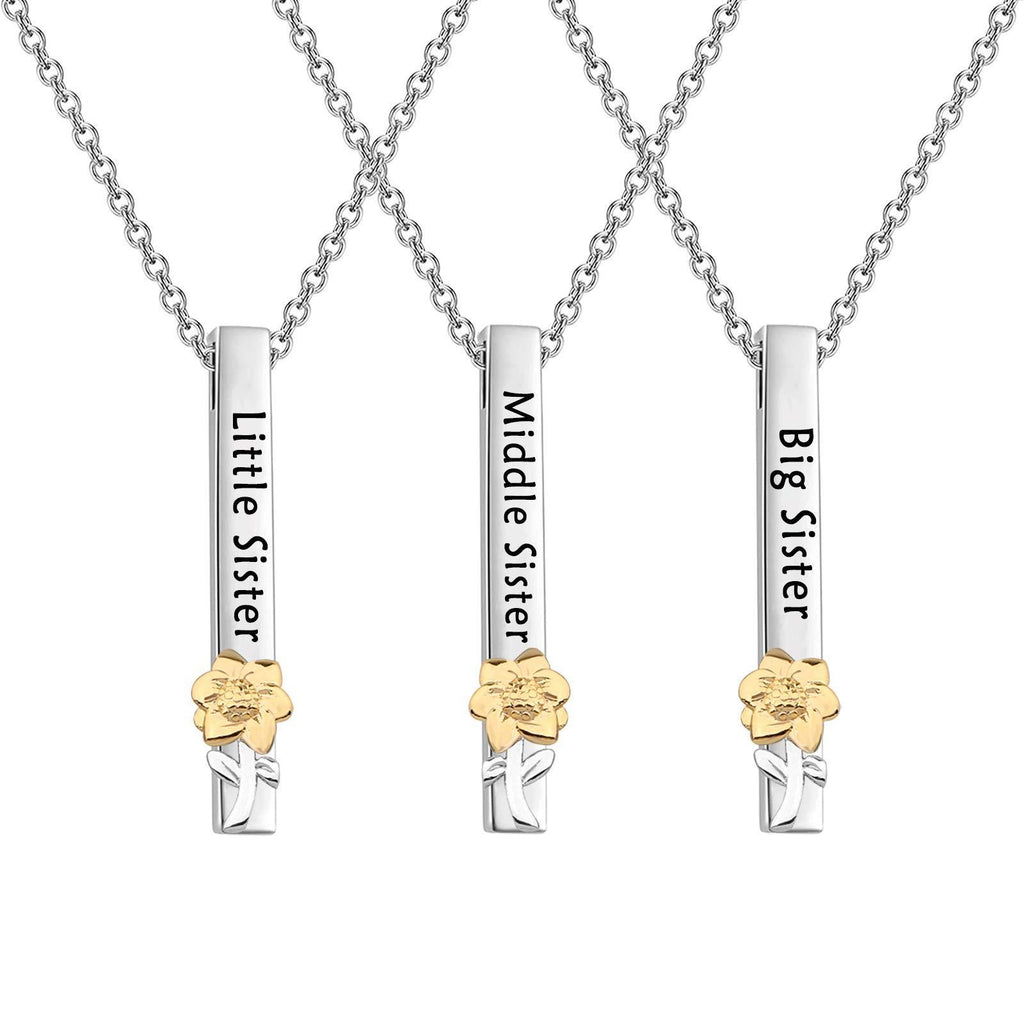 [Australia] - MYSOMY 3 Sisters Jewelry Big Sis Middle Sis Little Sis Sunflower Charm Bar Pendant Necklace Set for Triplets Friends Sorority Sisters Family Jewelry Set for Sisters silver 