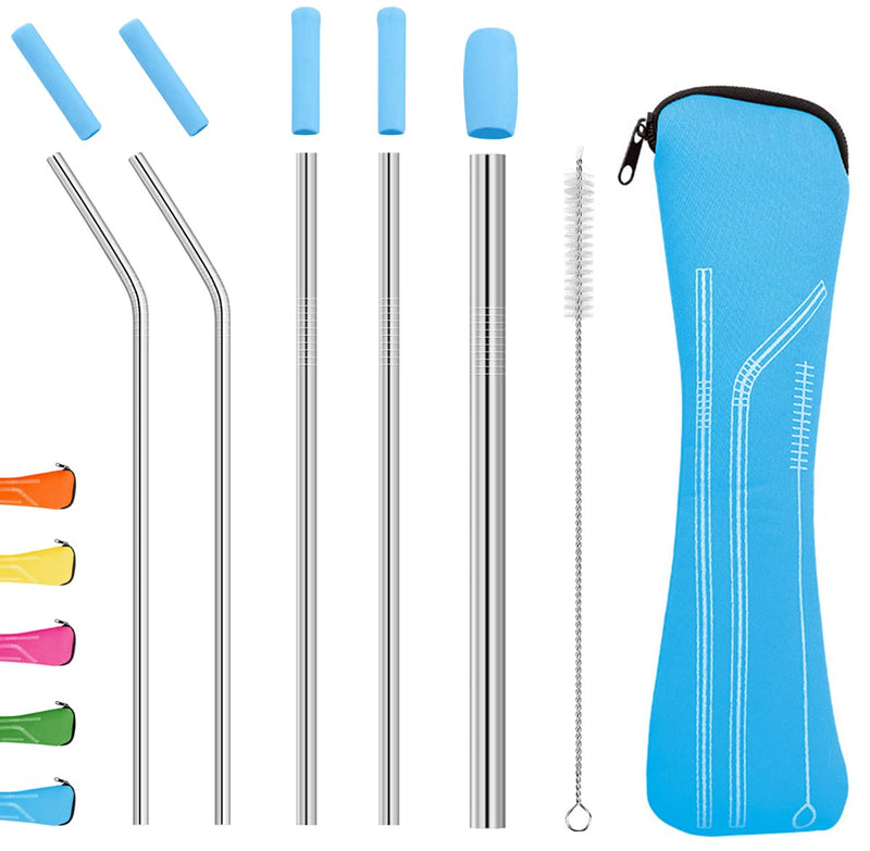 [Australia] - Uoking Metal Straw, 5 Pack Stainless Steel Straws Friendly Drinking Reusable Straw with Silicone Tips Cover & 1 Cleaning Brushes (Blue) Blue 