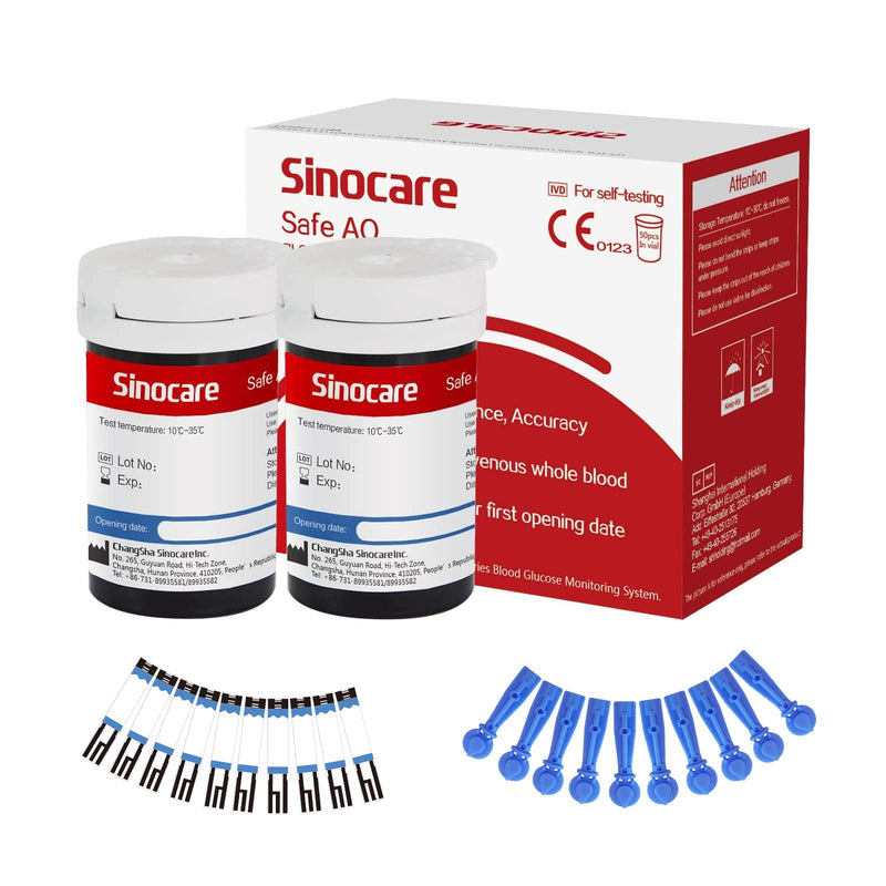 [Australia] - Blood Glucose Test Strips 50pcs & Lancing Devices, Only for Sinocare Safe AQ Smart Glucometer or Safe AQ Voice Glucometer 100 Piece Set 