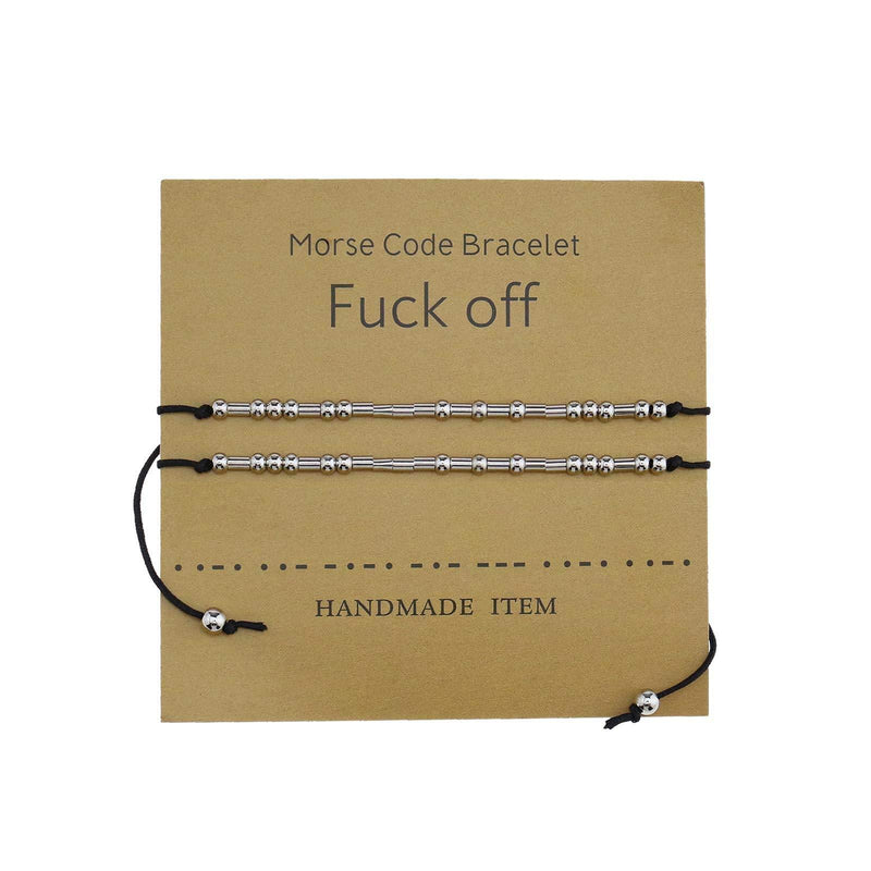 [Australia] - EMSea 2Pcs Fuck Off Morse Code Bracelets Adjustable Silver Beads Pendant Couple Friendship Jewelry Bracelet Set with Decryption Card 