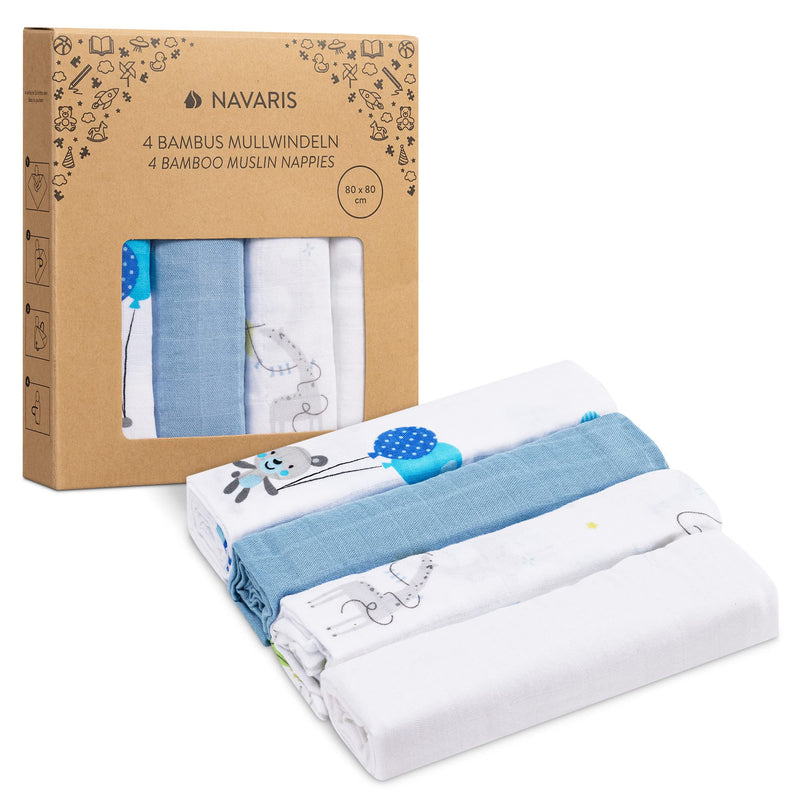 [Australia] - Navaris Muslin Cloths for Baby (Pack of 4) - 80 x 80 cm Squares for Burping, Blanket, Cot - Super Soft Bamboo and Cotton Animals 
