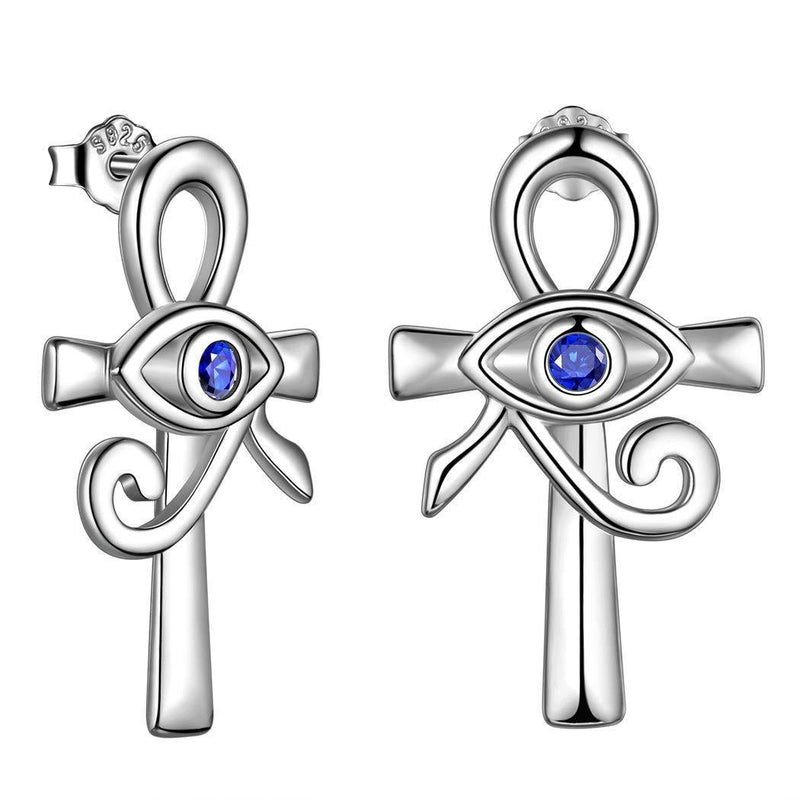 [Australia] - Jewmon Ankh Cross Eye of Horus Necklace Mens Women Protection Jewelry Gift 925 Sterling Silver/Black/18K Gold Plated Horus Eye of Ra Ankh Pendant Necklace Religious Ancient Egyptian Amulet Jewellery D, Earrings Silver 
