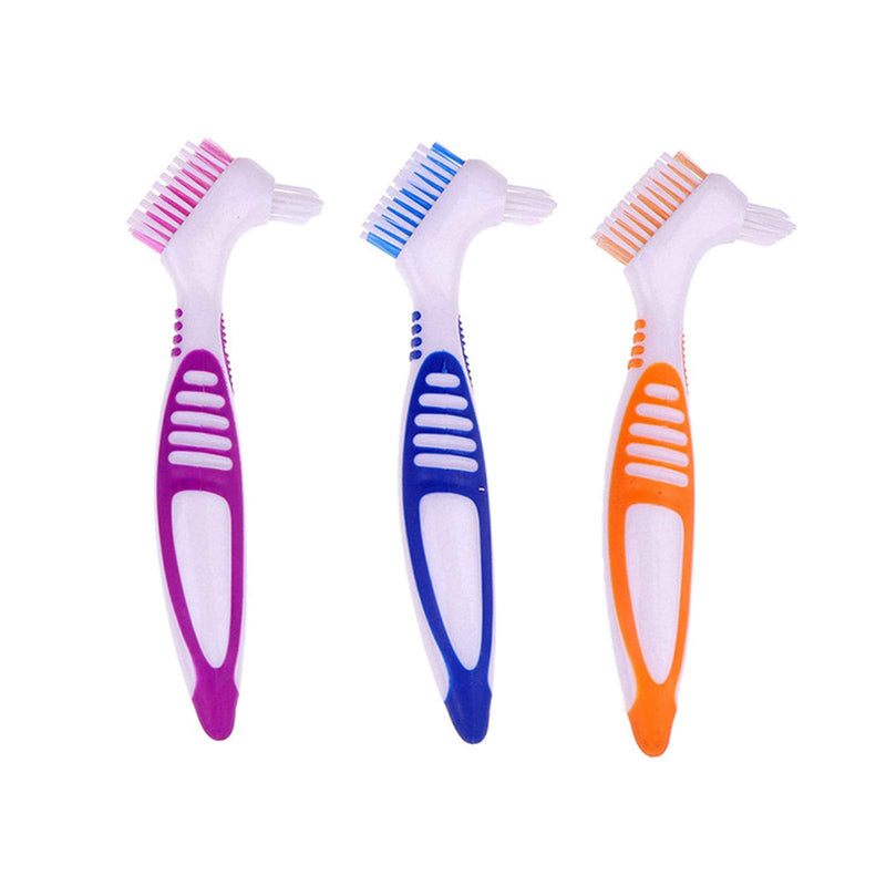 [Australia] - Premium Denture Cleaning Brush Set with Multi-Layered Bristles & Ergonomic Rubber Handle, Portable Denture Double Sided Brush for False Teeth Cleaning, 3 Pieces (Blue, Orange, Purple) 