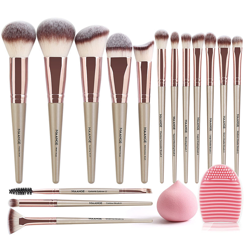 [Australia] - Makeup Brushes,MAANGE Makeup Brush Set 15 PCS Make Up Brush Premium Synthetic Foundation Brushes For Face Eyeshadow Brushes With Makeup Sponge and Cleaner Brush Egg(Champagne) Champagne 