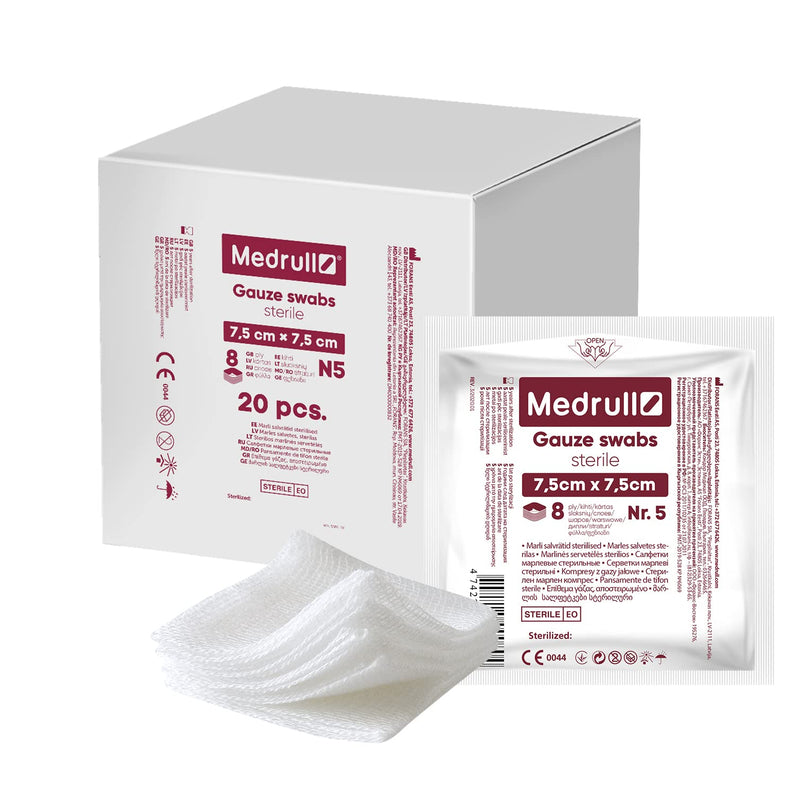 [Australia] - Medrull - Sterile Gauze Swabs, Pack of 100 (20 x 5 Pieces) 8-Ply, 7.5 cm x 7.5 cm, Absorbent Dressings, Bandage Material, Gauze Bandages, Wound Dressings 7.5x7.5 cm (100er Pack) 