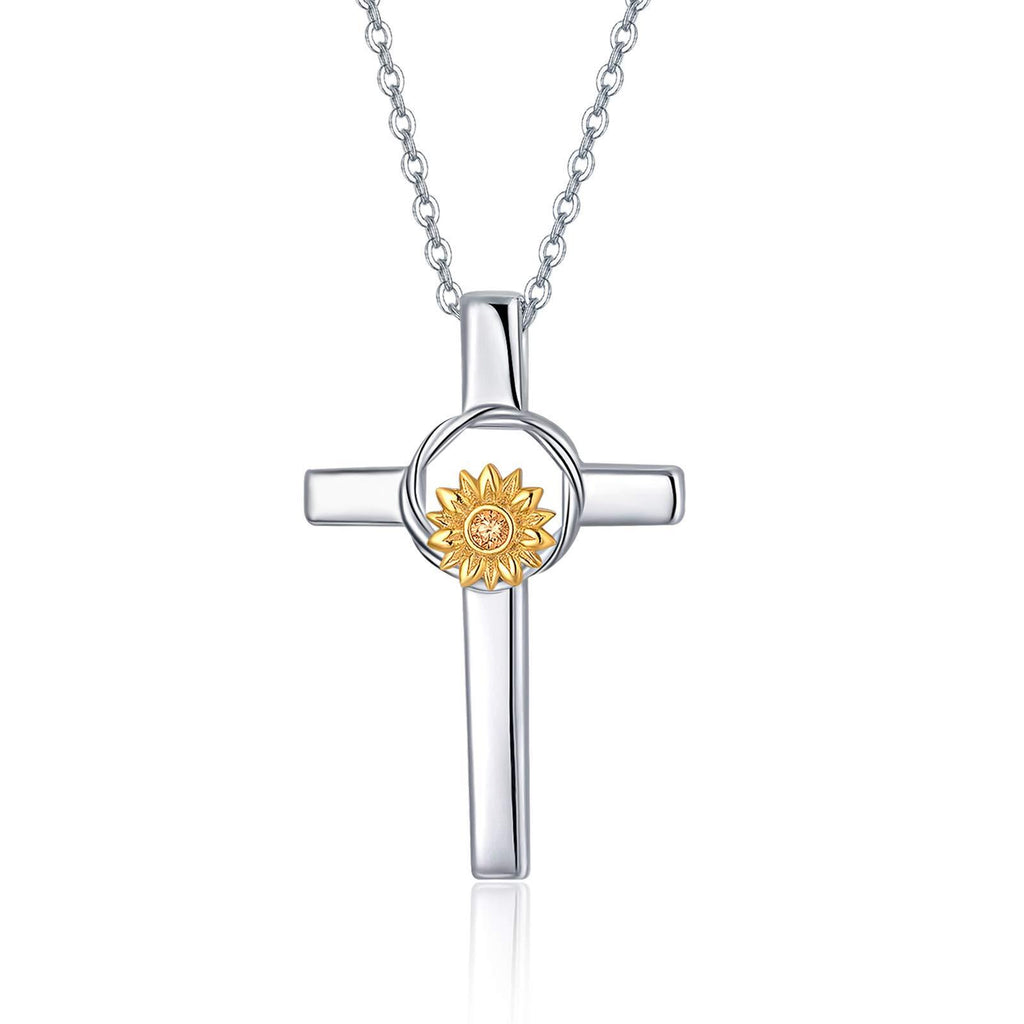 [Australia] - Crucifix Cross Pendant Necklace 925 Sterling Sliver Sunflower/Red Garnet Birthstone Pendant Jesus Necklace Christianity Jewellery for Women,18”+2” Silver Chain You are my sunshine 