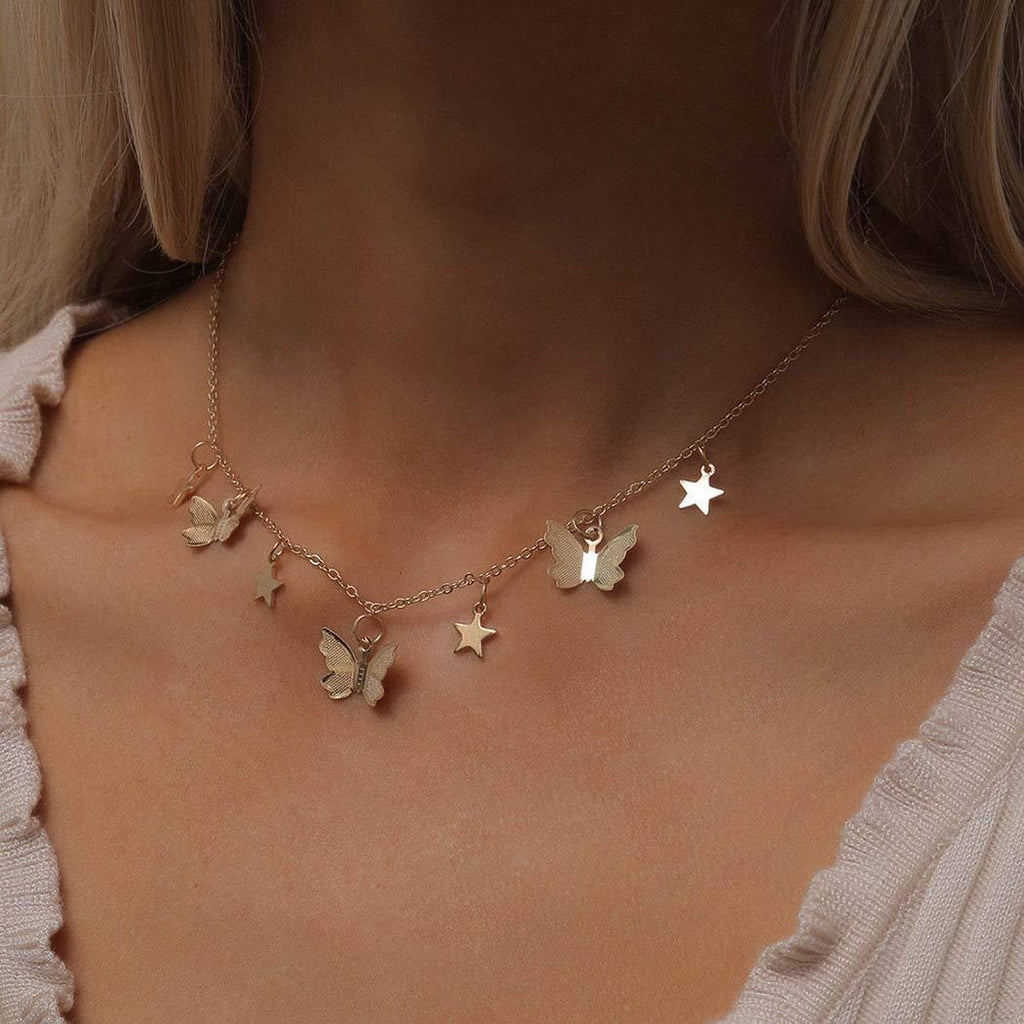 [Australia] - Ushiny Boho Butterfly Necklace Gold Star Pendant Necklace Simple Adjustable Necklaces Jewelry Accessories for Women and Girls 