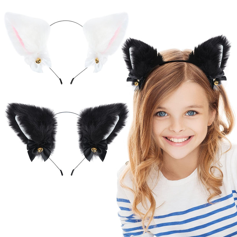 [Australia] - Cat Ears-2 Packs Cosplay Cat Fox Ears Headband with Bells Anime Cute Plush Accessories for Women Girls Halloween Cosplay Costume Party (Black with Pink) Ear-white+pink 