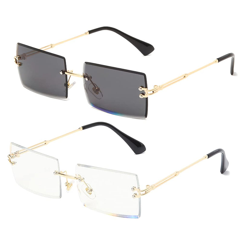 [Australia] - Long Keeper Rimless Rectangle Sunglasses UV400 Protection Antiglare Fashion Frameless Square Glasses for Women Men Gold Grey+gold Clear 