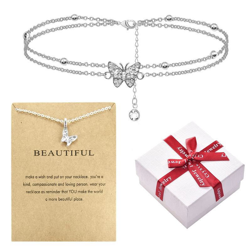[Australia] - MOSNOW Butterfly Silver Anklets for Women, Adjustable Beach Anklet, Butterfly Necklace and Ankle Bracelet Gift for Girlfriend/Wife/Mother (Include Gift Box) 