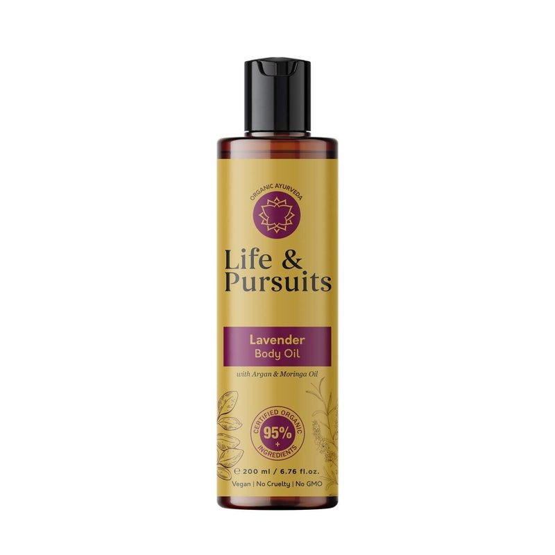 [Australia] - Life & Pursuits Lavender Body Oil (200 ml), Ayurveda Moisturizing Massage Oil for Skin & Face, Made with Organic Sesame Oil, Sunflower Oil, Argan Oil, Moringa Oil, Jojoba & Coconut Oil 