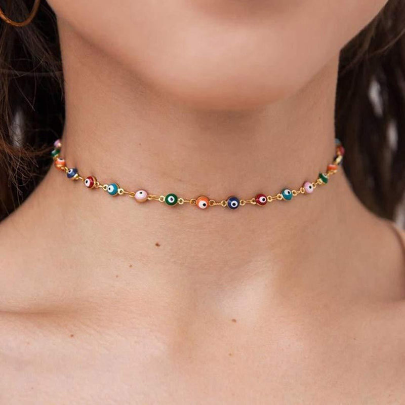 [Australia] - Ushiny Boho Evil Eye Choker Necklace Colorful Necklaces Gold Novelty Necklace Jewelry for Women and Girls 