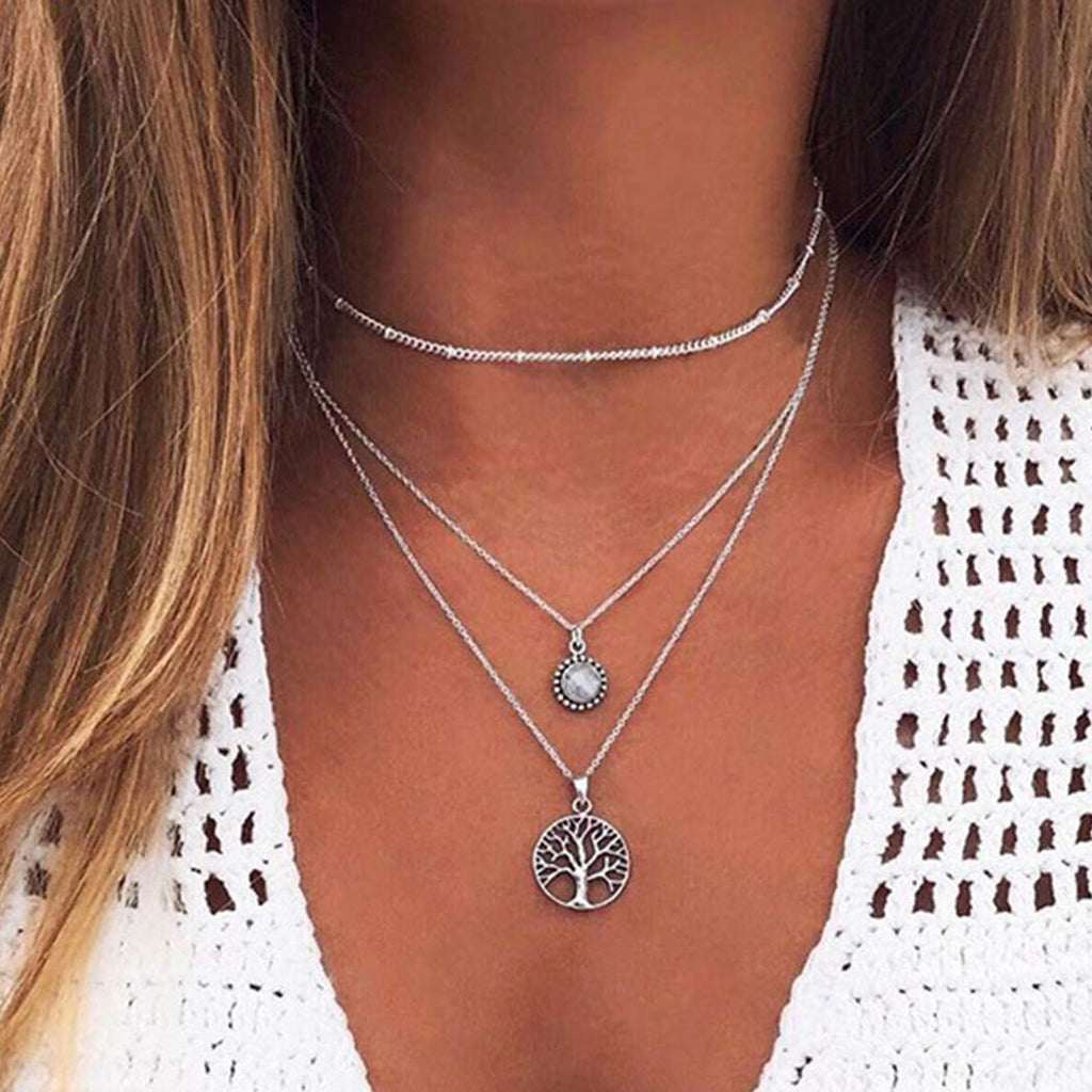 [Australia] - Ushiny Boho Layered Necklace Silver Crystal Necklaces Crystal Coin Pendant Necklace Summer Necklaces Jewelry for Women and Girls 