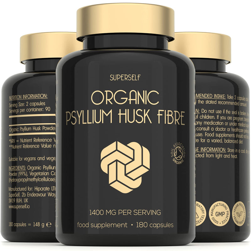 [Australia] - Organic Psyllium Husks Capsules 1400mg - Fibre Supplement for Men & Women - Pure Psyllium Husk Powder - 180 Tablets - High in Soluble Fiber - Certified Organic - Natural Prebiotic from Ispaghula Husk 