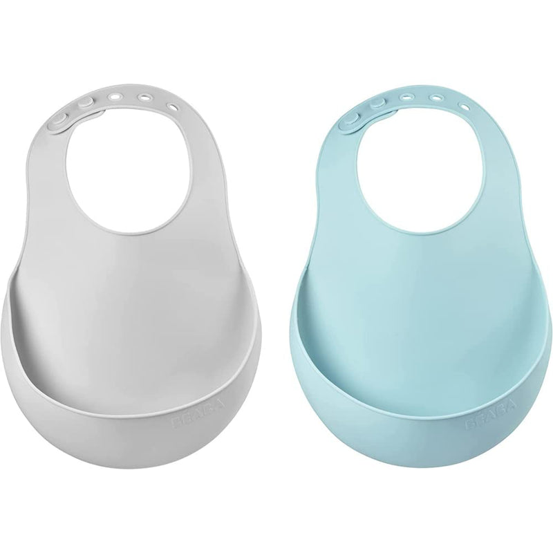[Australia] - BEABA 2 Pack Waterproof Silicone Baby Bibs, Adjustable Neck Strap, Large Food Catcher Pocket, Soft, Lightweight, Ultra Soft, Easy to Clean, Light Mist/Airy Green, 913509 Airy Green & Light Mist 