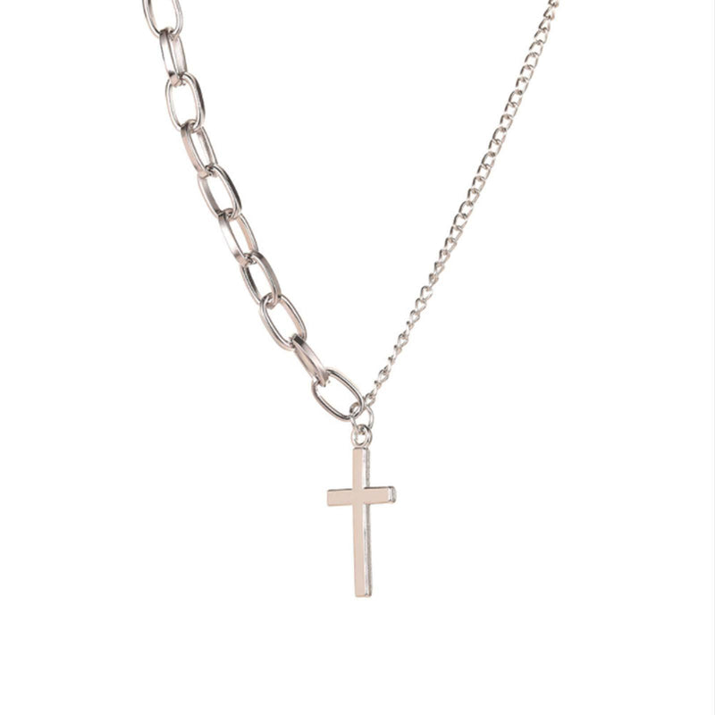 [Australia] - Yienate Simple Cross Necklace Asymmetric Chain Cross Pendant Necklace Paperclip Chain Fashion Jewelry for Women and Girls (Silver) Silver 