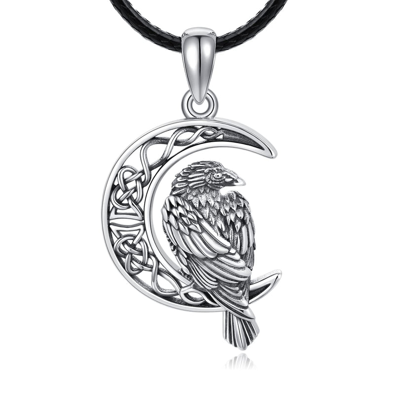 [Australia] - Viking Raven Necklace Men 925 Silver Moon Pendant Mens Leather Crow Necklace Celtic Knot Jewellery for Men Raven Gifts for Women Brother Boyfriend 