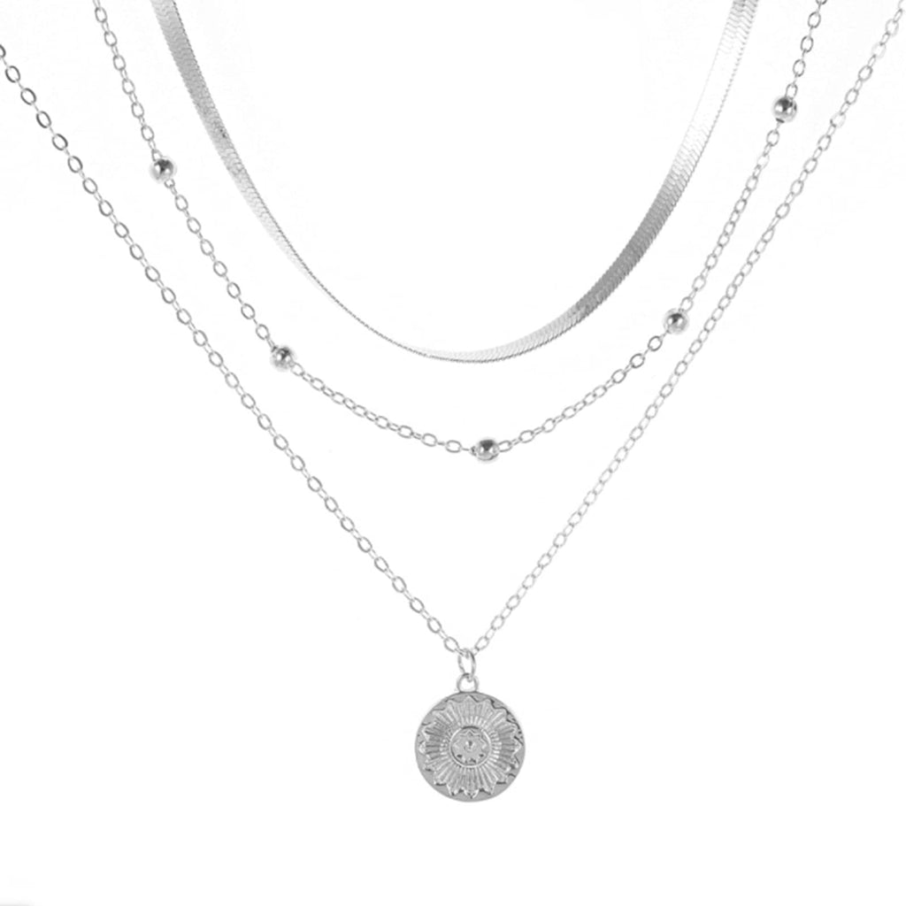 [Australia] - TseenYi Multi-layer Silver Flower Coin Pendant Necklace Snake Bone Chain Boho Style Necklaces Jewelry for women and Girls 