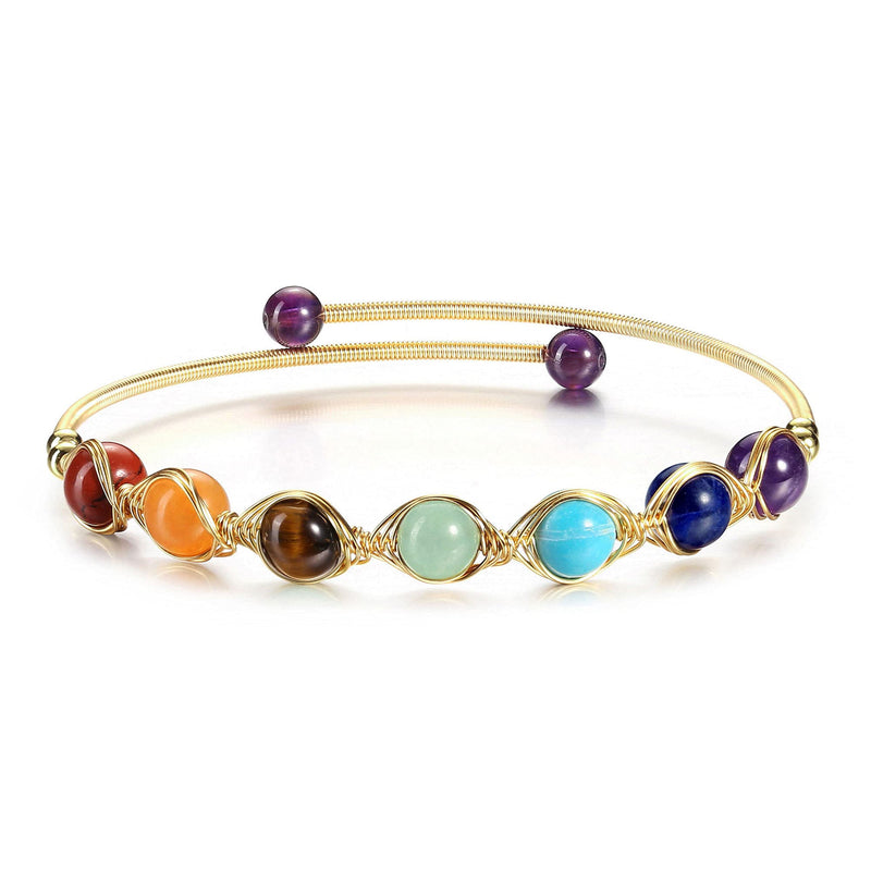 [Australia] - JSDDE 14K Gold Crystal Bangle Cuff Bracelet Healing Energy Gemstones Bead Open Bangle Bracelets Jewelry for Women 7 Chakra Crystals 