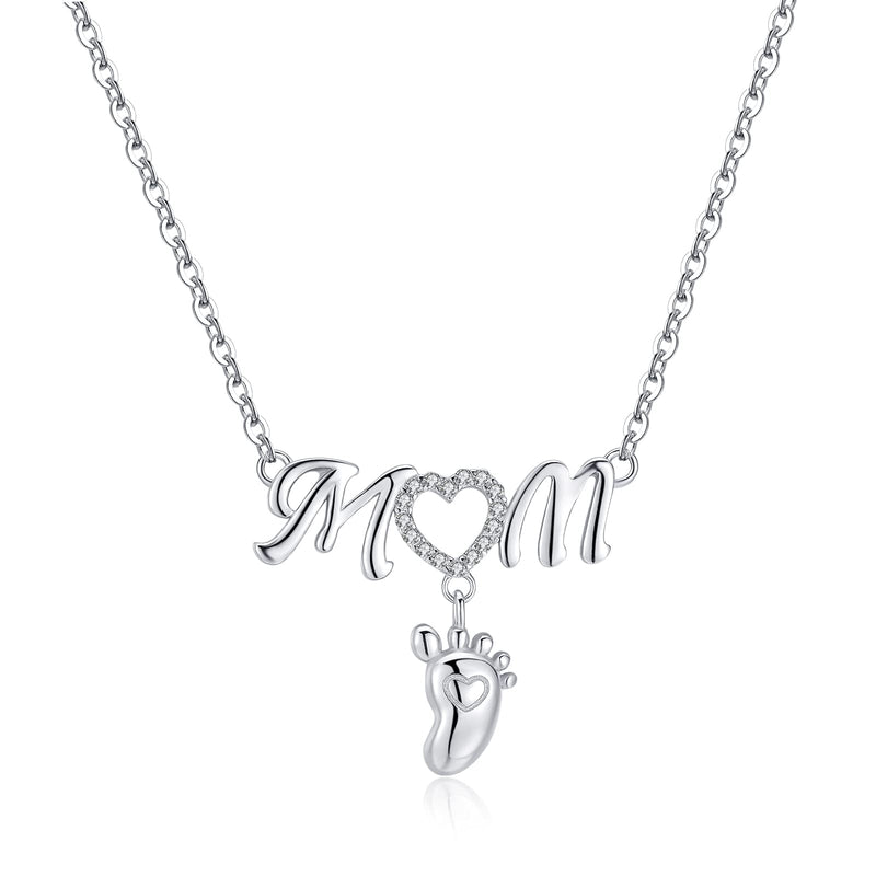 [Australia] - Qings Mom Necklaces 925 Sterling Silver Baby Footprint Pendant Necklace Mum Heart-Shaped Cubic Zirconia Personalised Necklace Mother's Birthday Jewellery Gift for Women 