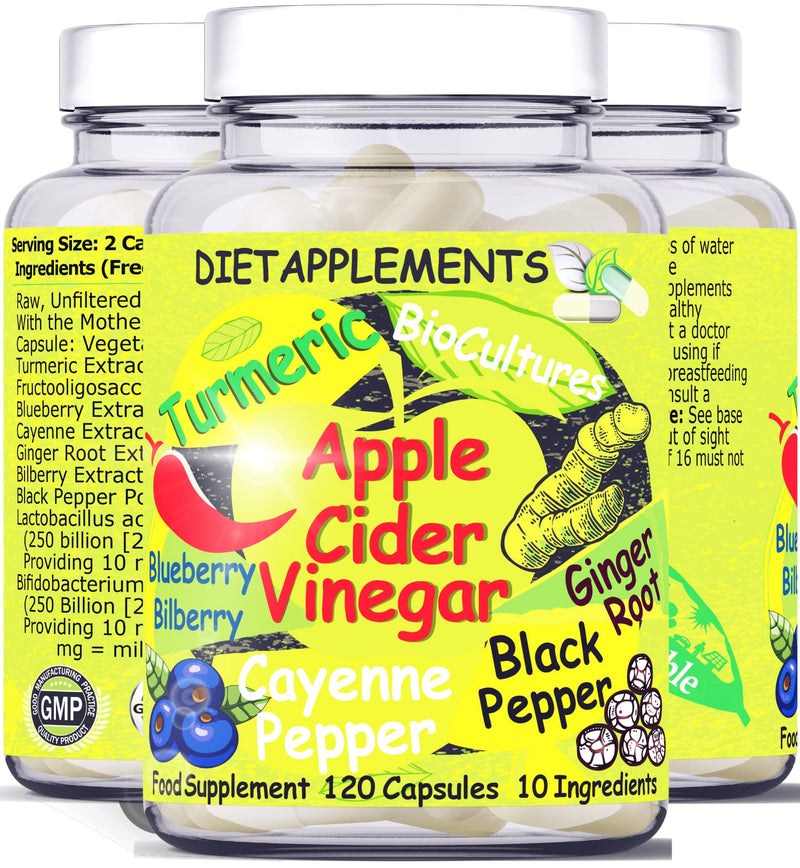 [Australia] - Raw, Unfiltered Apple Cider Vinegar with The Mother | Turmeric, Ginger, Black Pepper, Cayenne Pepper, Blueberries, Bilberries | High Strength Bio Cultures | Vegan, Vegetarian Potent Capsules. 1 Bottle 