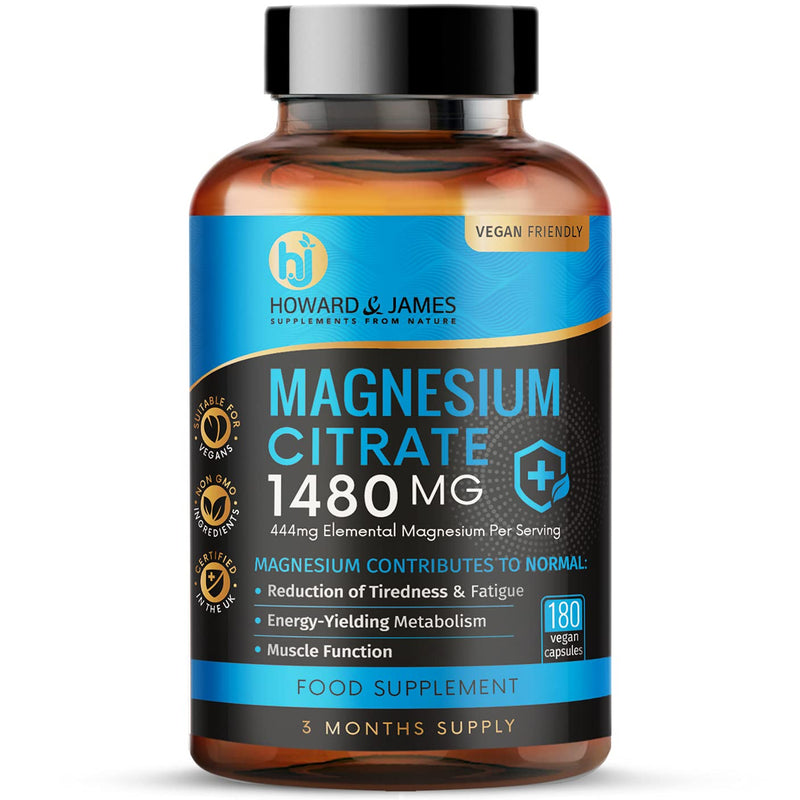 [Australia] - Magnesium Citrate 1480mg - 180 Vegan Capsules not Magnesium Tablets - Providing 444mg Elemental Magnesium - 3 Month Supply - High Strength Magnesium Supplements - Made in The UK by Howard & James 