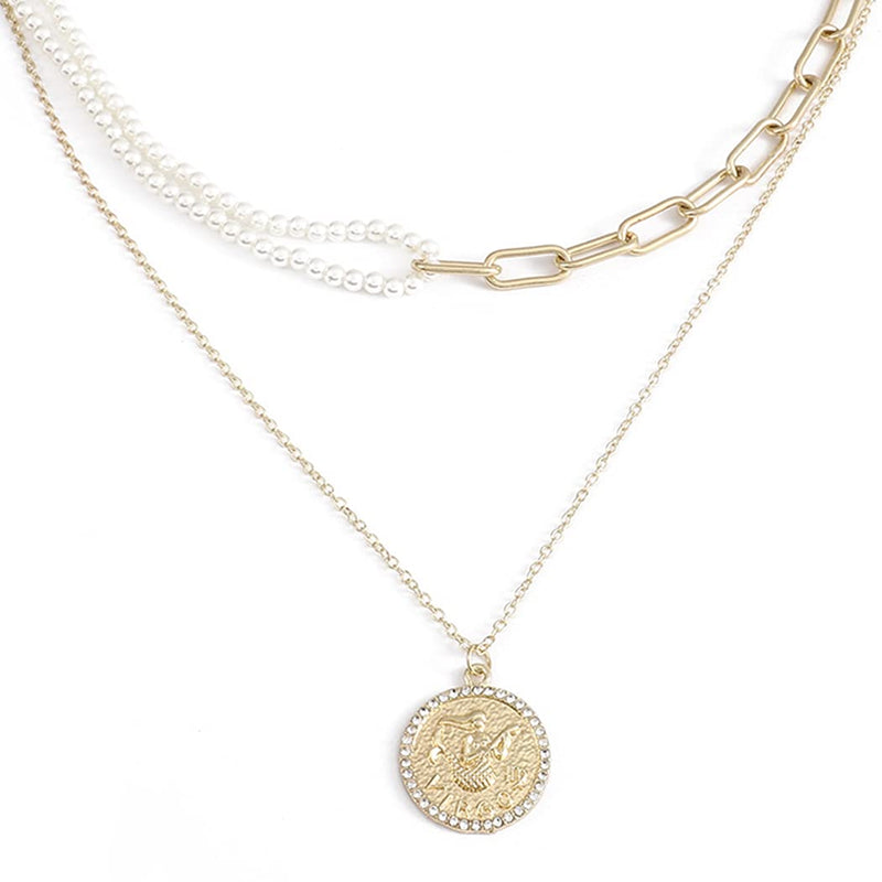 [Australia] - Ushiny Vintage Pearl Necklace Gold Coin Pendant Necklaces Layered Necklace Chain Jewelry Accessories for Women and Girls 