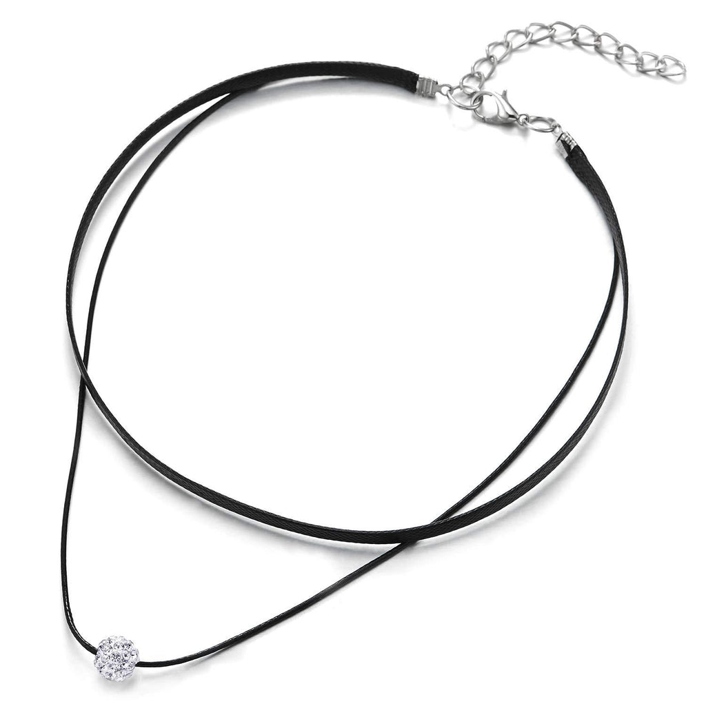 [Australia] - COOLSTEELANDBEYOND Ladies Womens Two-Row Black Choker Necklace with Cubic Zirconia Ball Bead Charm Pendant 