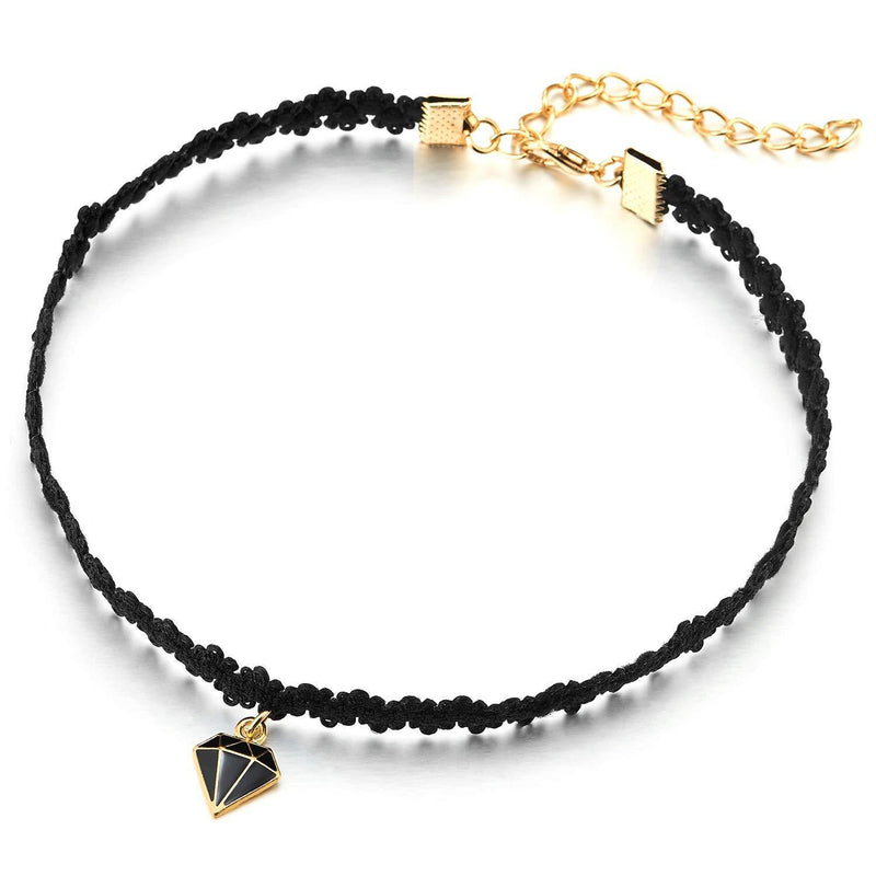 [Australia] - COOLSTEELANDBEYOND Ladies Womens Black Lace Choker Necklace with Dangling Black Enamel Diamond Shape Gold Color Charm 
