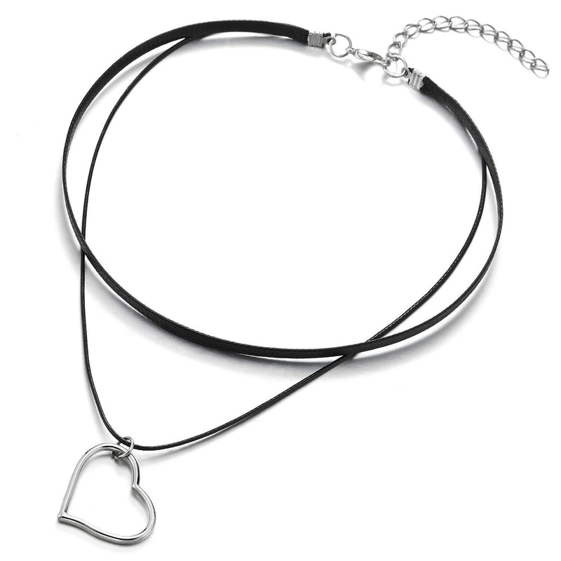 [Australia] - COOLSTEELANDBEYOND Ladies Womens Two-Row Black Choker Necklace with Open Heart Charm Pendant 