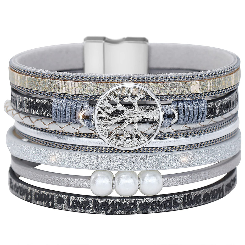 [Australia] - Gleamart Tree of Life Bracelet Multilayer Leather Wrap Cuff Bangle Magnetic Buckle Bracelet Laugh Every Day - Gray 