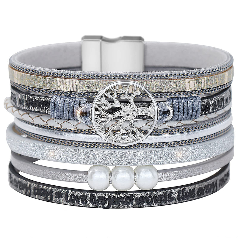 [Australia] - Gleamart Tree of Life Bracelet Multilayer Leather Wrap Cuff Bangle Magnetic Buckle Bracelet Laugh Every Day - Gray 