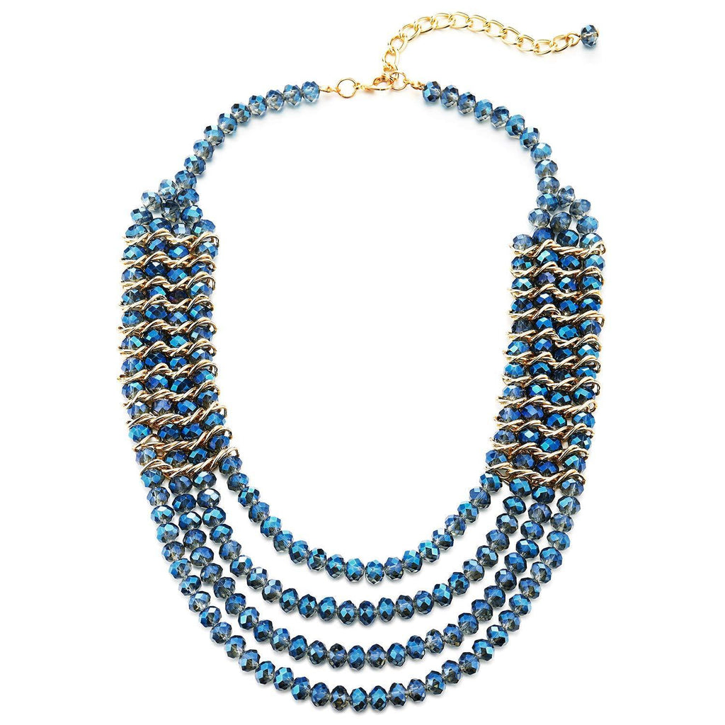 [Australia] - COOLSTEELANDBEYOND Elegant 4 Layer Blue Crystal Beads Cluster Collar Statement Necklace Interwoven with Gold Color Wire 