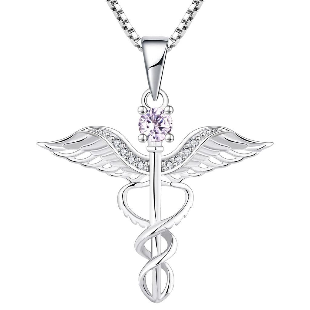 [Australia] - YL Nurse Necklace 925 Sterling Silver cut 12 Birthstone Cubic Zirconia Angel Wings Caduceus RN Registered Pendant Necklace June,alexandrite 