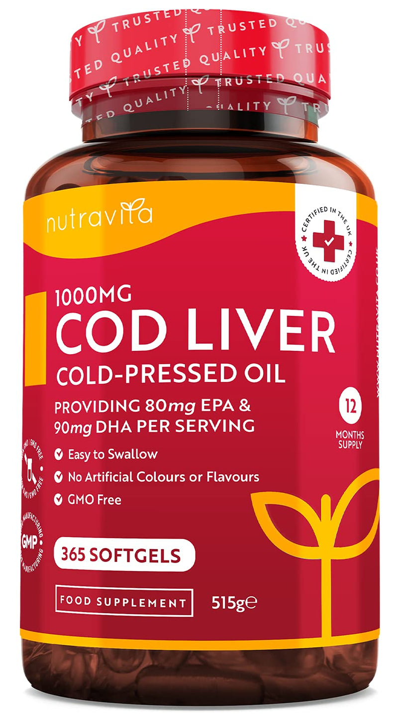 [Australia] - Cod Liver Oil 1000mg - 365 Softgels of Premium Cold Pressed Fish Oil - Rich in High Strength Omega 3, Vitamins A, D, E & Garlic Oil - Supports Heart & Brain Health - Made in The UK by Nutravita 