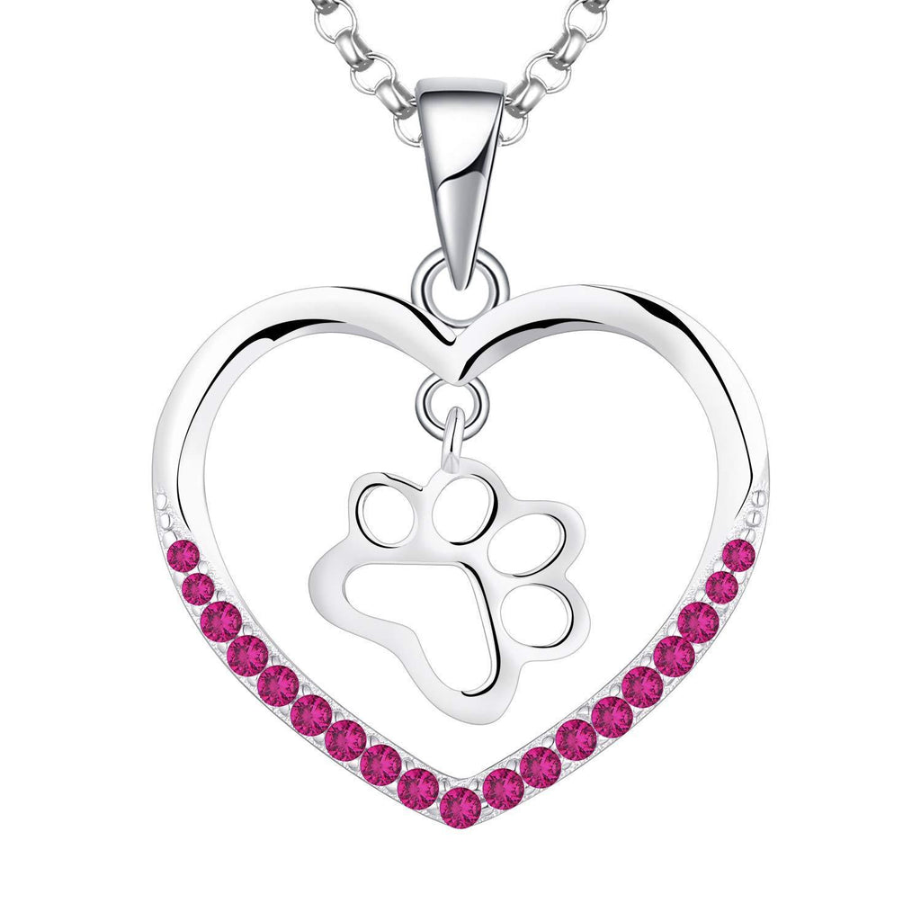 [Australia] - JO WISDOM Women Necklace,925 Sterling Silver Dog Paw Print Footprint Love You from My Heart Necklace with AAA Cubic Zirconia July,ruby Color 