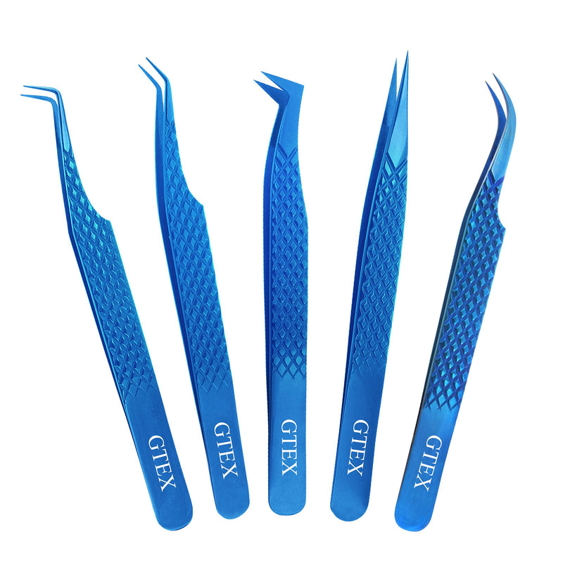 [Australia] - GTEX Lash Eyelash Extension Tweezers Set of 5, Japanese Stainless Steel Tools Straight Curved 45 90 Degree Angled Tip, Volume Tweezers Precision (Blue) Blue 
