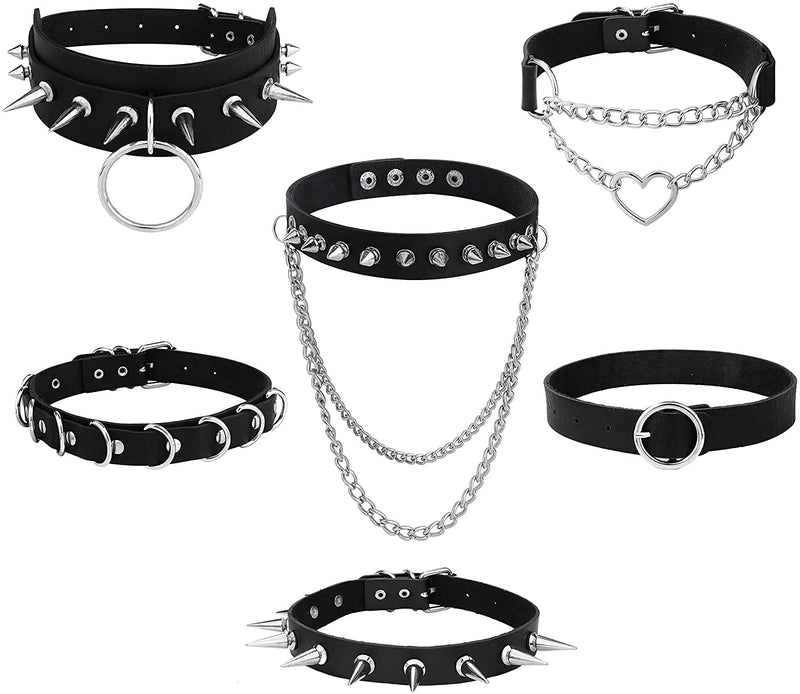 [Australia] - LOLIAS 6Pcs Women's PU Leather Gothic Choker Necklace Set Punk Chain Clavicle Black Leather Choker Sexy Spike Choker Necklace Rock Belt Love Heart Choker Adjustable Collar Choker Cosplayer C:Style C 