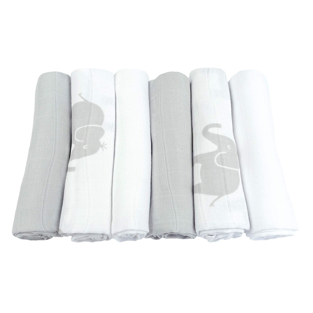 [Australia] - MuslinZ 6pk Baby Muslin Squares Burp Cloth 100% Cotton 70x70cm (Grey Elephant) Grey Elephant 